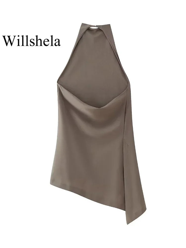 Women Fashion Two Piece Set Brown Pleated Halter Neck Tops & Straight Pants Vintage Female Chic Lady Pants Suit
