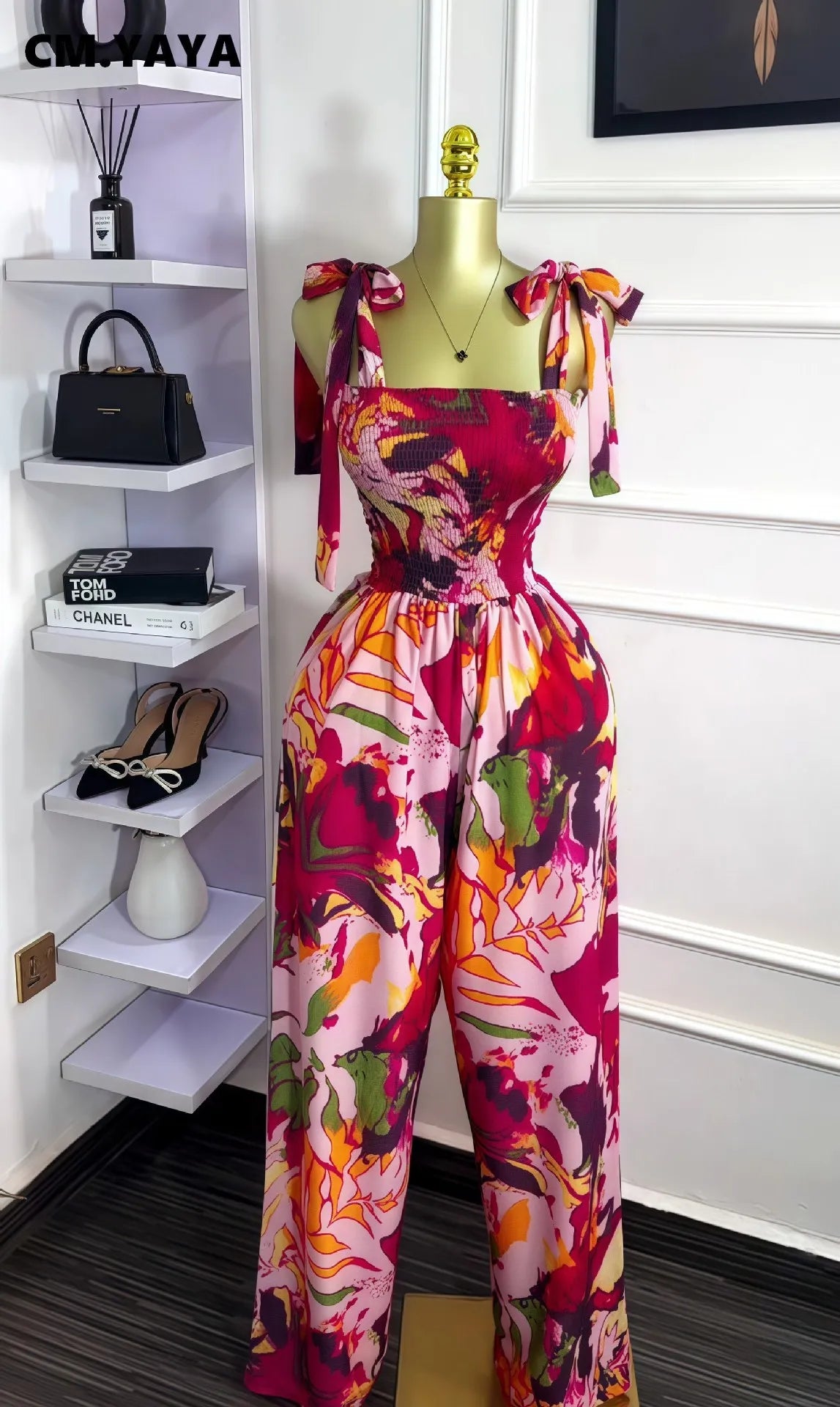 CM.YAYA Leaf Printed Women Bowknot Shoulder Sleeveless Jumpsuits 2025 Summer Beach Boho Holiday Outfits One Piece Suit Romper
