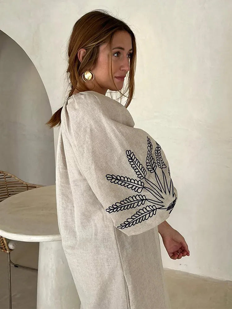 Fashion Linen Printed Women's Slit Maxi Dress Casual Loose V Neck Long Cuff Sleeves Vestidos Spring Lady Vacation Chic Robe