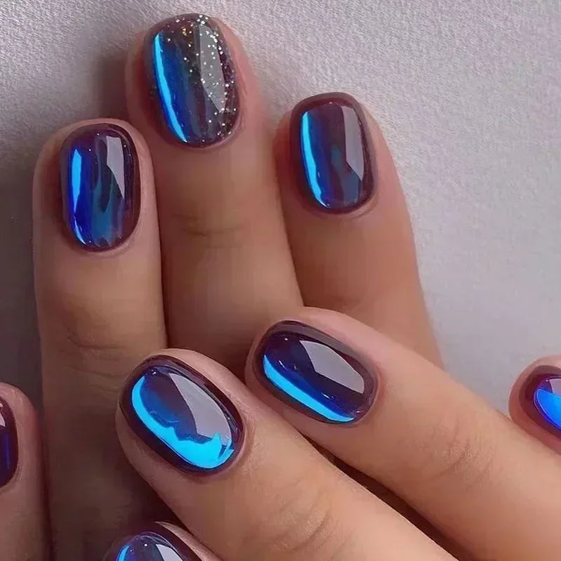 24Pcs Fashion Fake Nails Press on Short Square Head False Nail Art Black Starlit Sky Design Artifical Full Cover Nail Tips