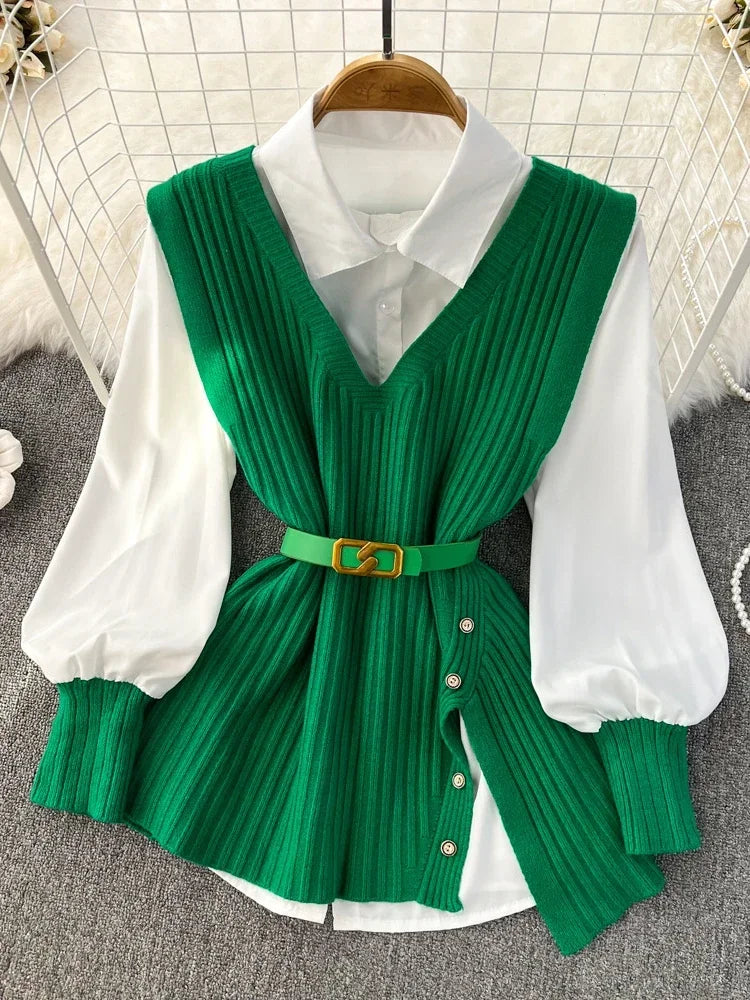 Loose White Shirt Long Sleeve Top Women's Belt Slit Knit Vest Korean Fashion Two Piece Set for Women Blouse Spring New green