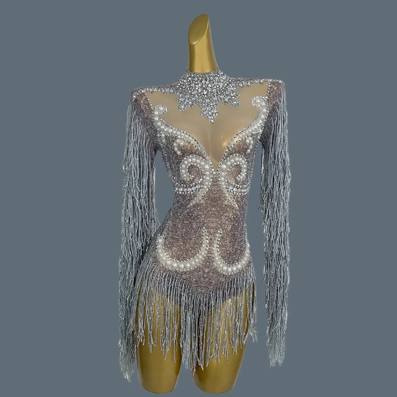 Sparkly Diamonds Pearls Celebrity Bodysuit Women Sexy Performance Dance Costume Singer Show Stage Wear Nightclub Outfit Yanhui GRAY