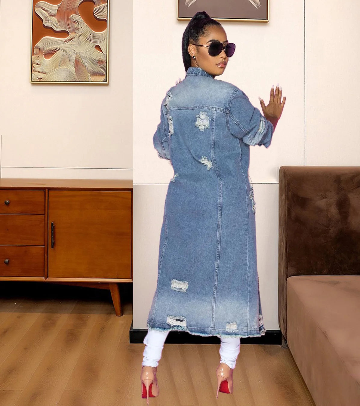 European and American Fashion Women's Wear with Holes Long Sleeved Denim Trench Coat Cardigan Denim Cape