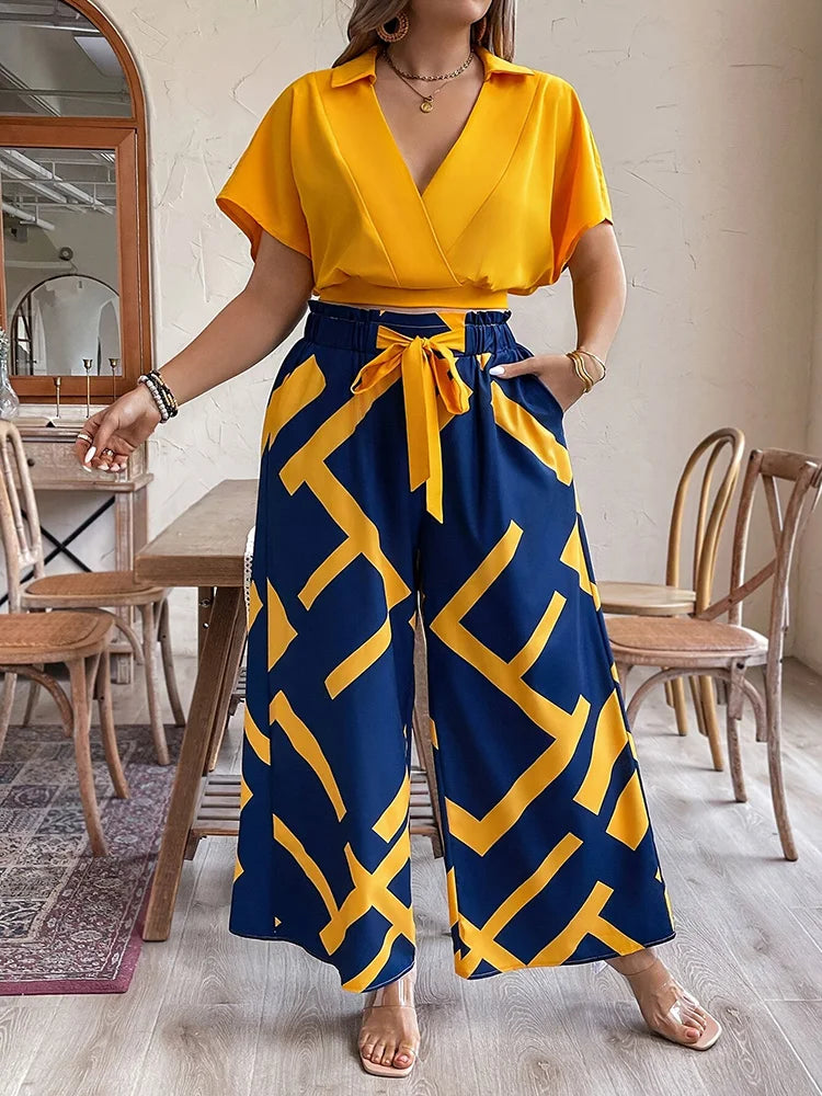 GIBSIE Plus Size Pants Set Women Summer V-neck Short-sleeved Crop Top Printed Tie Front Wide Leg Trousers Vacation Two-piece Set