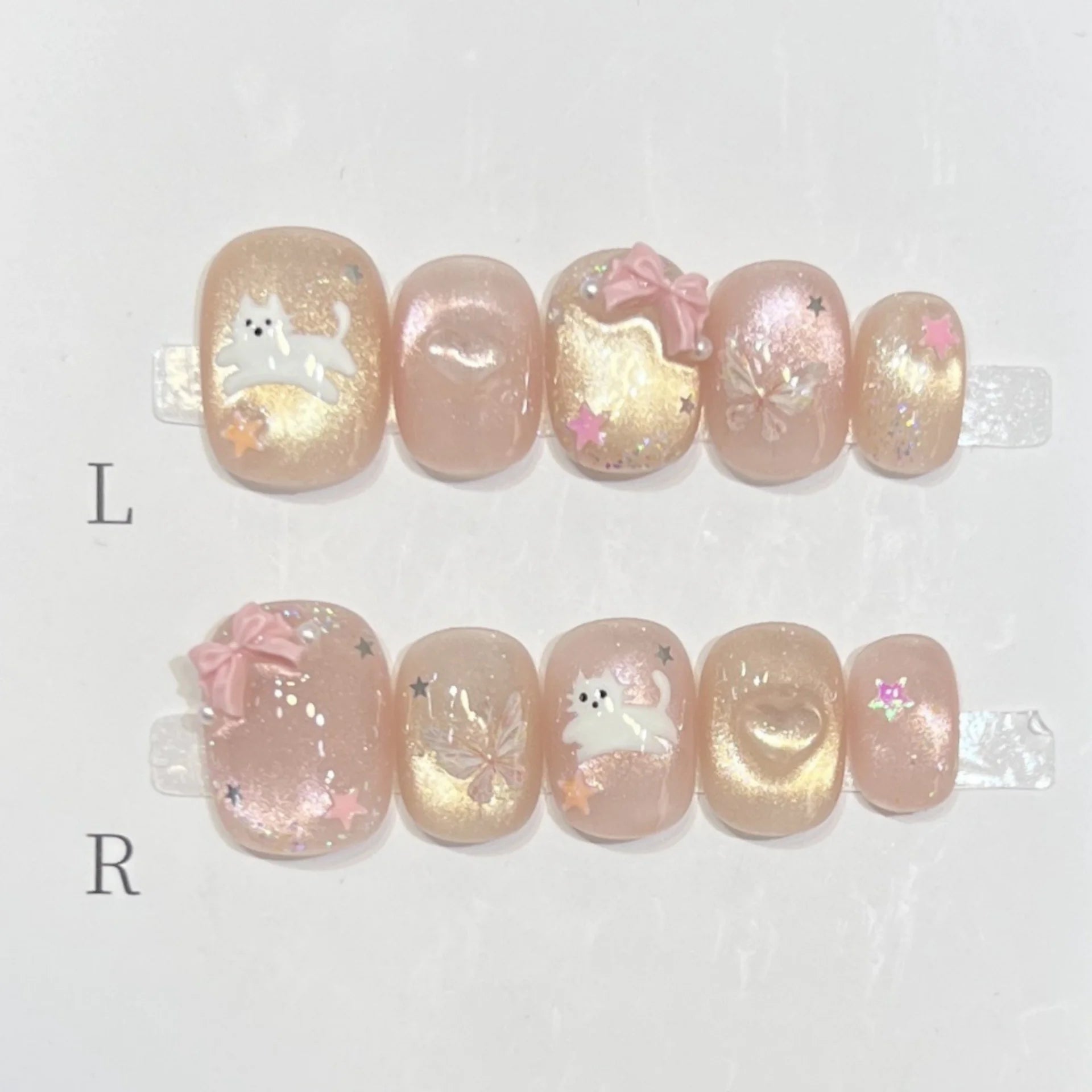 10pcs Pink Handmade Press on Nails Art Cute Cat's Eye Short Square Round Fake Nail Tips Wearable Cat Bow Design False Nails Sets