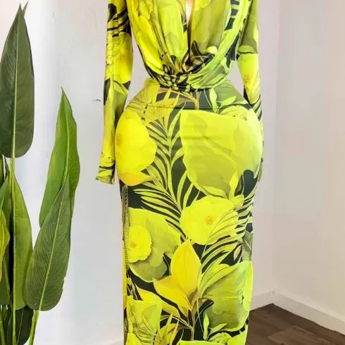 CM.YAYA Women Rose Printed Long Sleeve Pile Neck Bodycon Midi Maxi Long Dress 2025 Summer Birthday Vacation Sexy Party Dresses