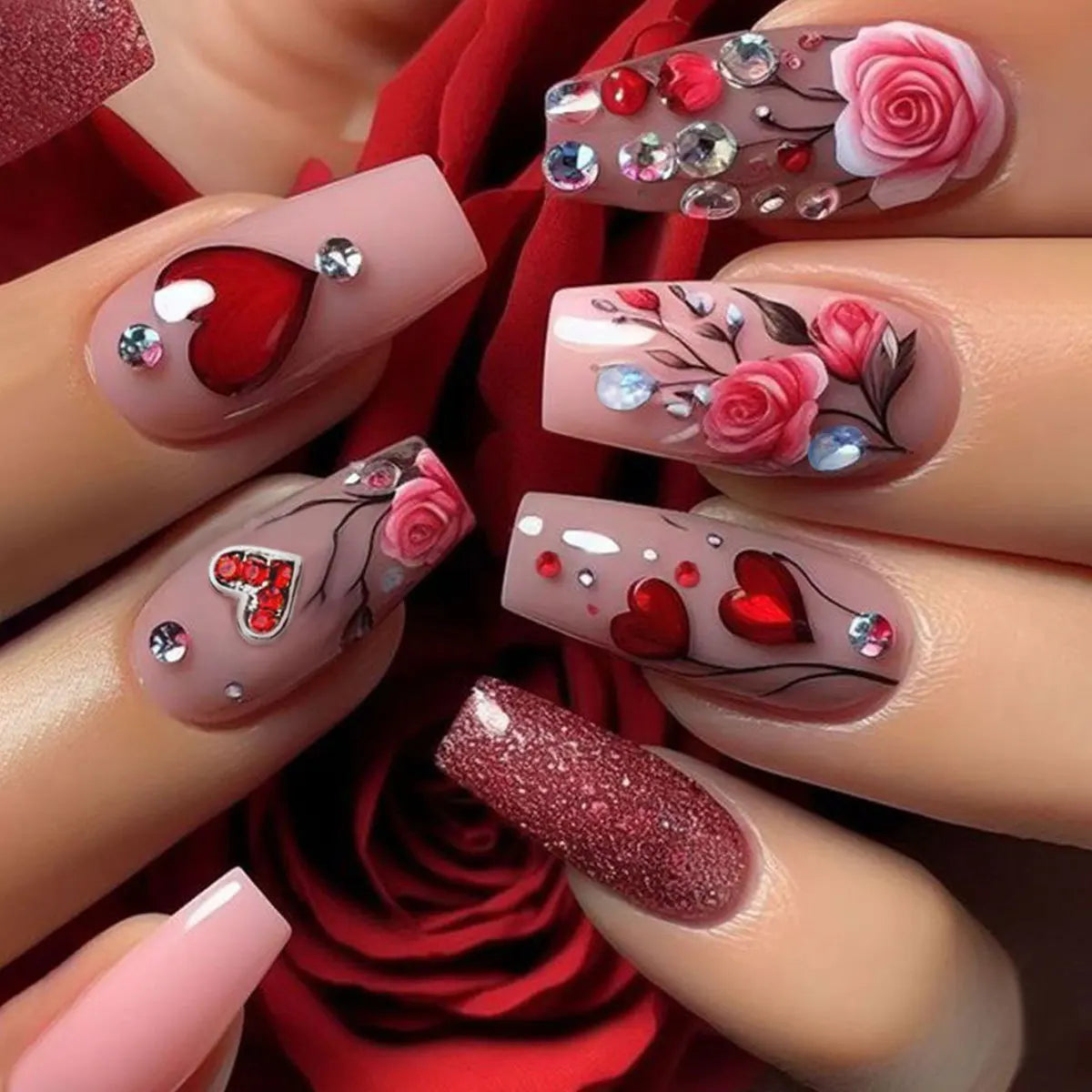 24Pcs Short Press on Nails Dark Red Black Mystical Valentine Design Ballet Fake Nails with Rose Pattern Wearable False Nail Art