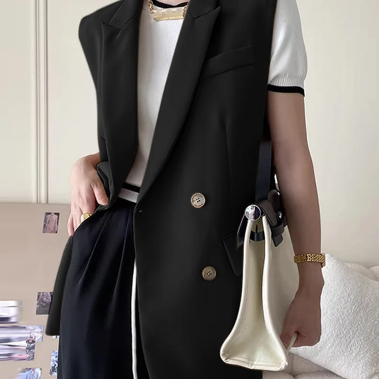 Fashion Women Vests Korean Style Sleeveless Casual Blazer Elegant Peak Lapel Suit Coats Oversize OL Black Vests black