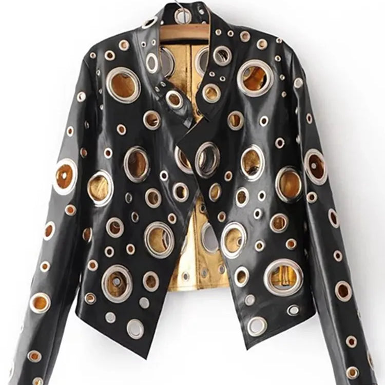 Runway Cut Out Short Faux Leather Jacket Golden Rivet Cool Stylish Designer Clothes Women European American Fashion