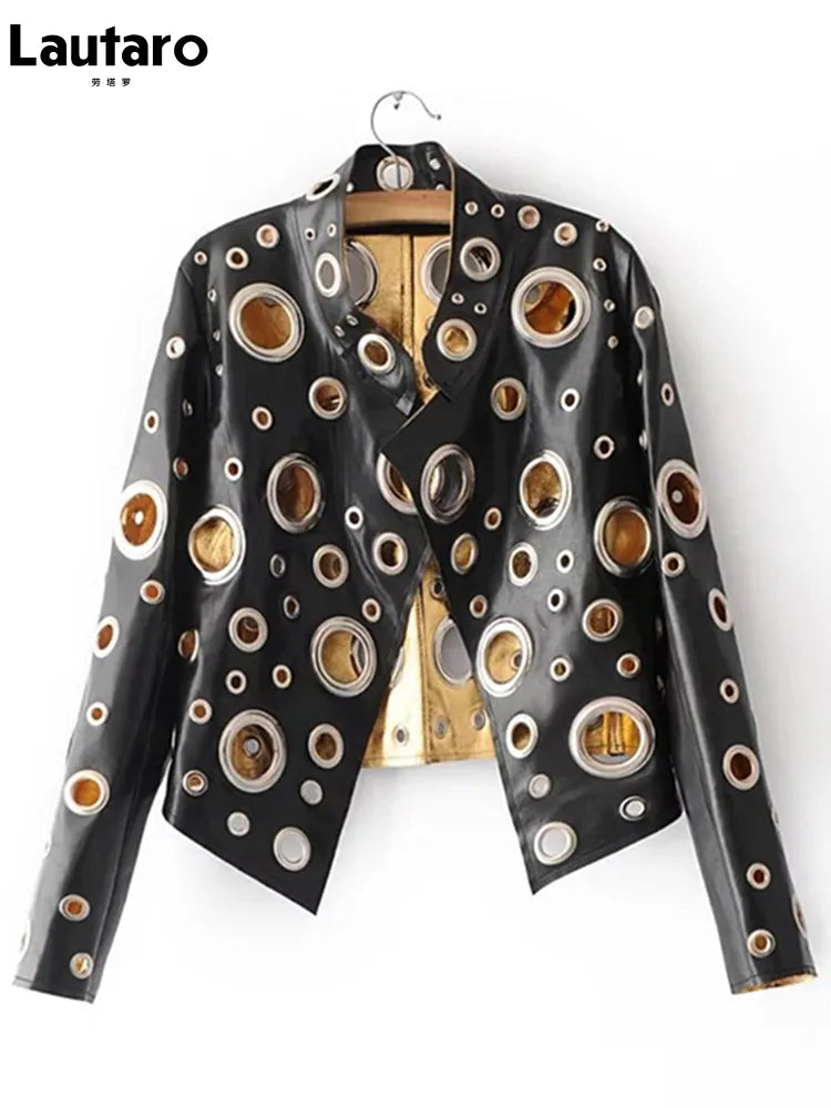 Runway Cut Out Short Faux Leather Jacket Golden Rivet Cool Stylish Designer Clothes Women European American Fashion