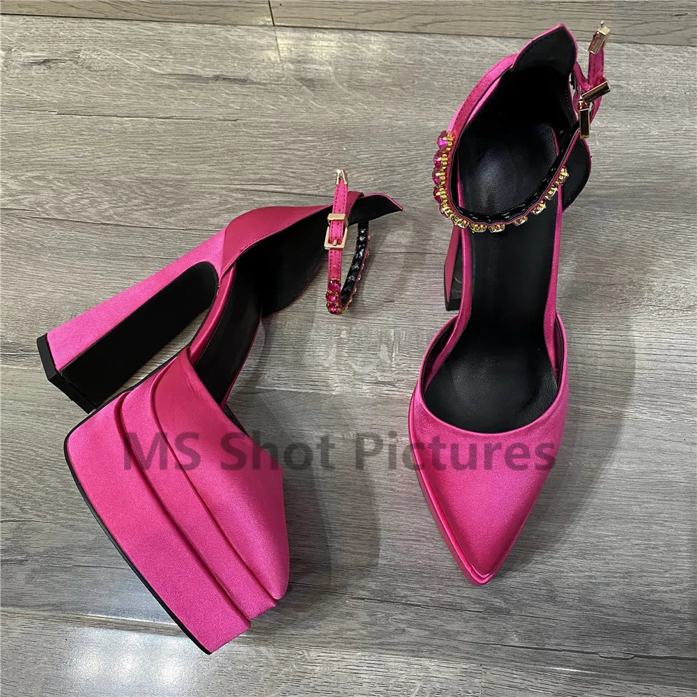 Luxury Women High Heel Shoes Platform Sandals Pointed Toe Woman Silk Pumps Sexy Rhinestone Buckle Chunky Heel Wedding Shoes