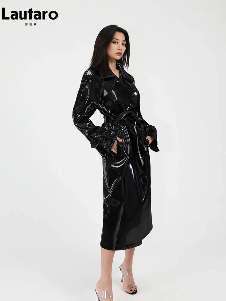 Spring Autumn Long Shiny Reflective Patent Leather Trench Coat for Women Sashes Luxury Designer Runway European Fashion