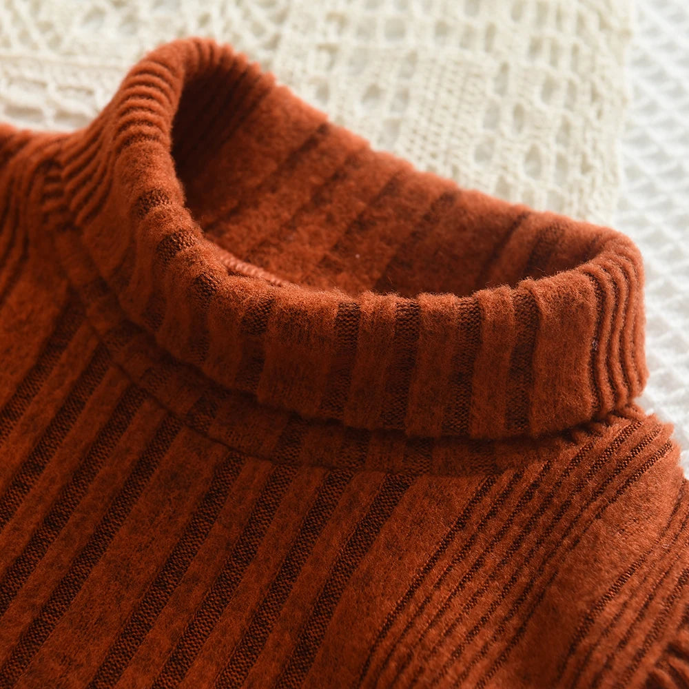 Girls' Woolen Dress New Children's Autumn Winter New High Neck Flying Sleeve Lace up Knitted Long Sleeve Dress