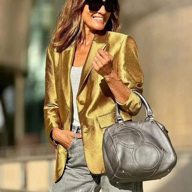 TRAFZA Autumn New Women's Fashion Gold Blazer Retro V Neck Party Long Sleeve Button Up Women's Pocket Casual Blazer Chic Top