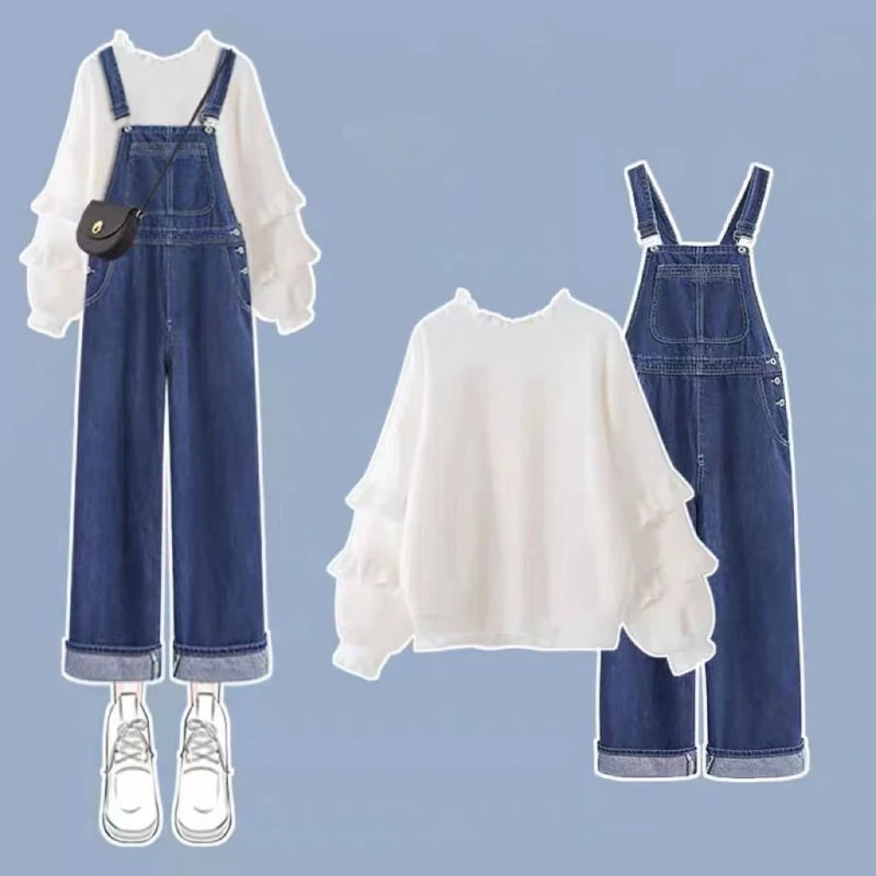 Women Preppy Style Spring Autumn Sweatshirt Overalls Denim Pants 1 or 2 Piece Set Korean Lady Daily Ruffle Tops Jeans Outfits Set C