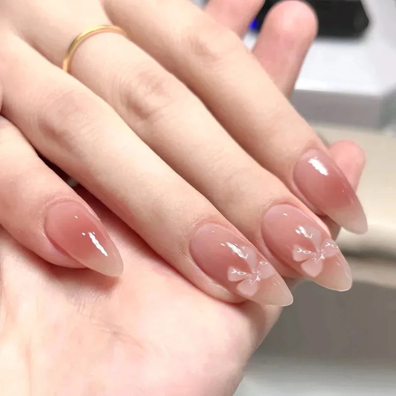 24Pcs Solid Nude Color Fake Nails with Jelly Glue Short Almond Press on False Nails Wearable Oval Finished Full Cover Nail Tips