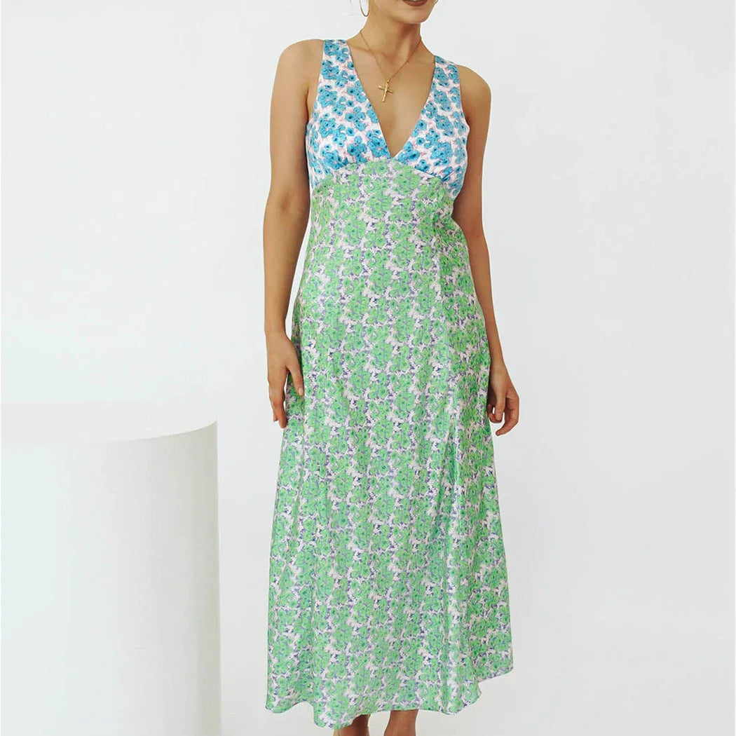 Floral Print Female Long Dress High Waist Lace-up V-neck Slim Sleeveless Fashion Sundress Casual Summer Dress Vestido Robe A93 green