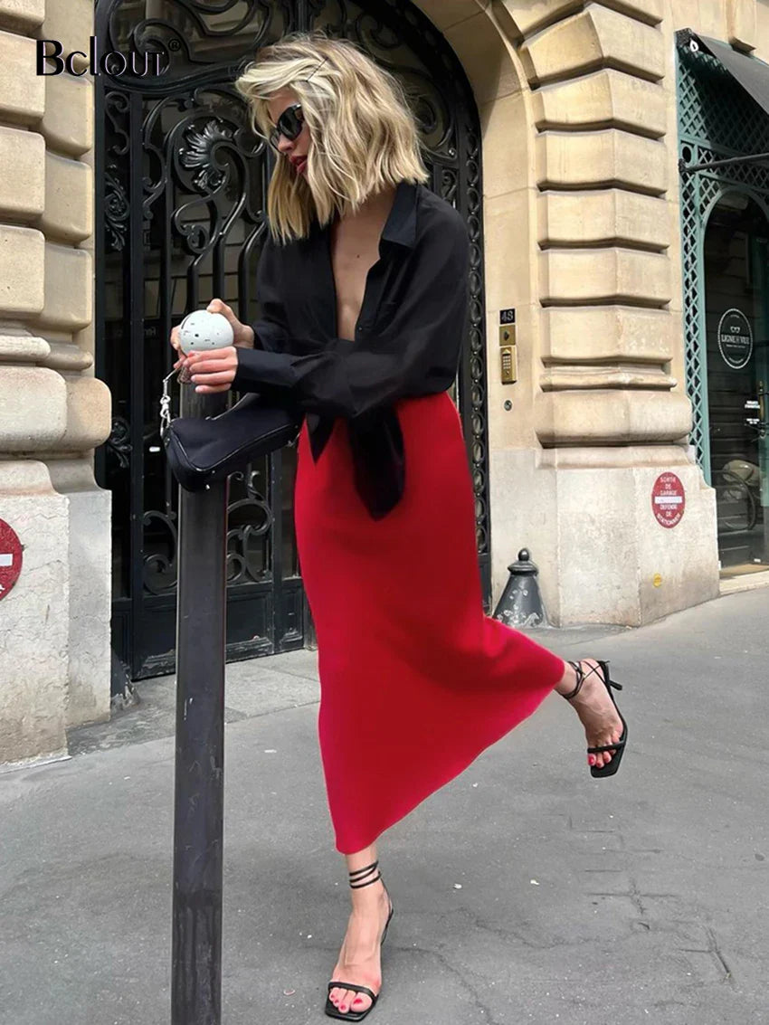 Bclout Fashion Satin Red Skirts Women Elegant Solid High Waist Office Lady Skirts Vintage Thin Party Slim Long Skirts Sexy