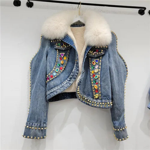 European Street Winter Denim Jacket Women's Fleece-Lined Thickened Warm Street Short Parka Clothes Casaco Feminino faux fur collar
