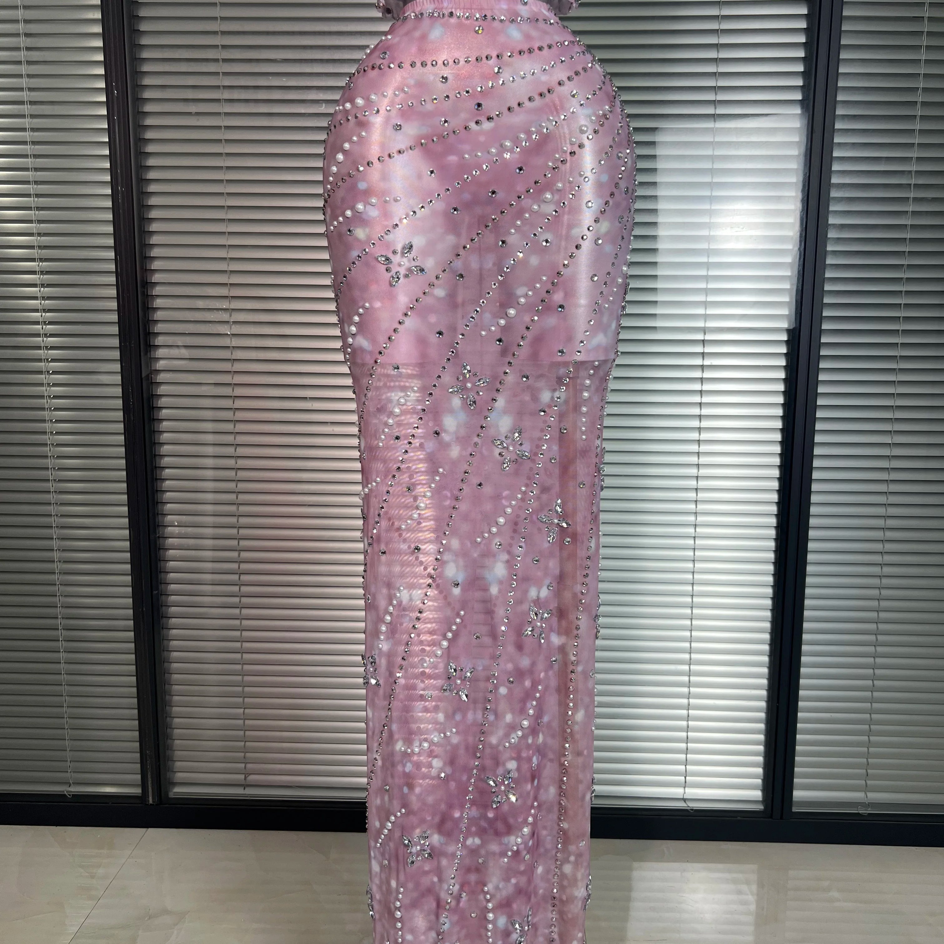 New Sexy Pink Two Pieces Set Women Celebrity Crystal Night Club Skirt Suits Singer Dancer Stretched Printed Stage Costume