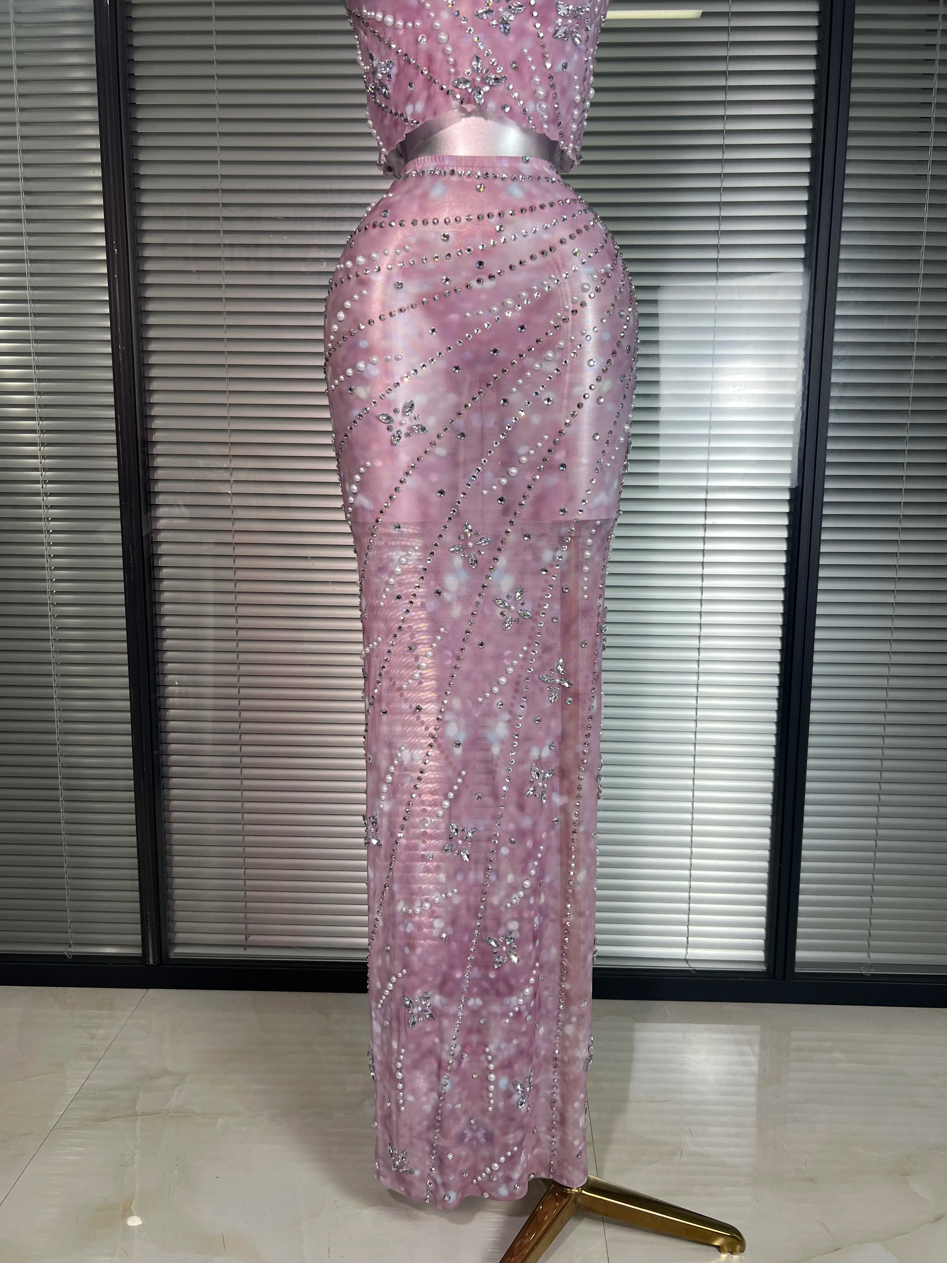 New Sexy Pink Two Pieces Set Women Celebrity Crystal Night Club Skirt Suits Singer Dancer Stretched Printed Stage Costume