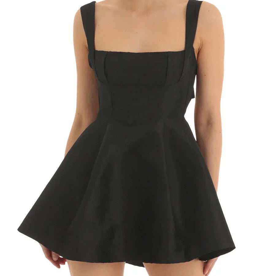 Women Summer Backless Big Bow Straps A-line Dress Sweet Solid Color Sleeveless Square Neck Short Dresses for Party Cocktail Prom