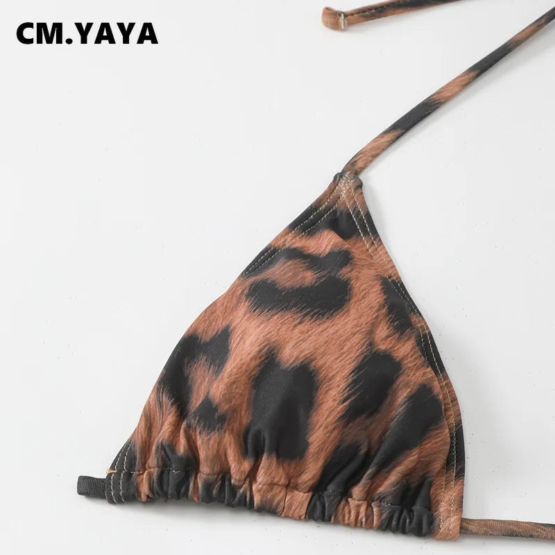 CM.YAYA Women Beach Bikini Set with Cutout Leopard Printed Sexy Long Bodycon Swimsuit Three 2 Piece Set Swimwear Bathing Suit