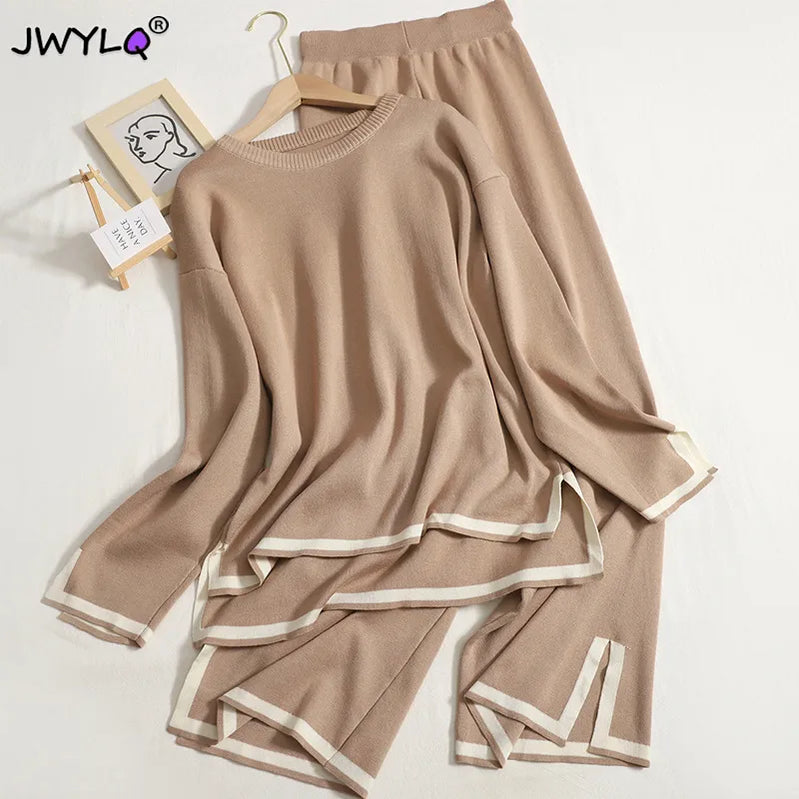 Autumn Winter O-neck Long Sleeve Side Slit Pullover Sweater+high Waist Wide Leg Pants Two Piece Set Women Casual Tracksuit