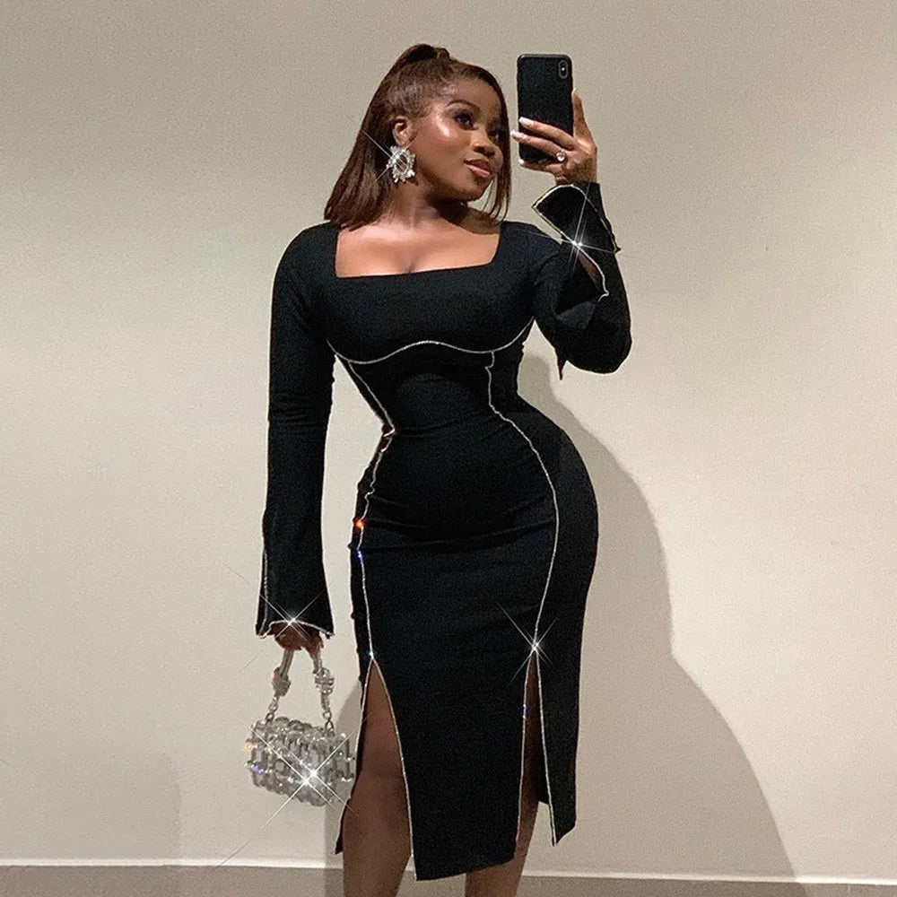 Women Long Sleeve Sexy Square Collar Zipper Bodycon Mid-calf Bandage Dress Celebrate Fashion Evening Party Dress