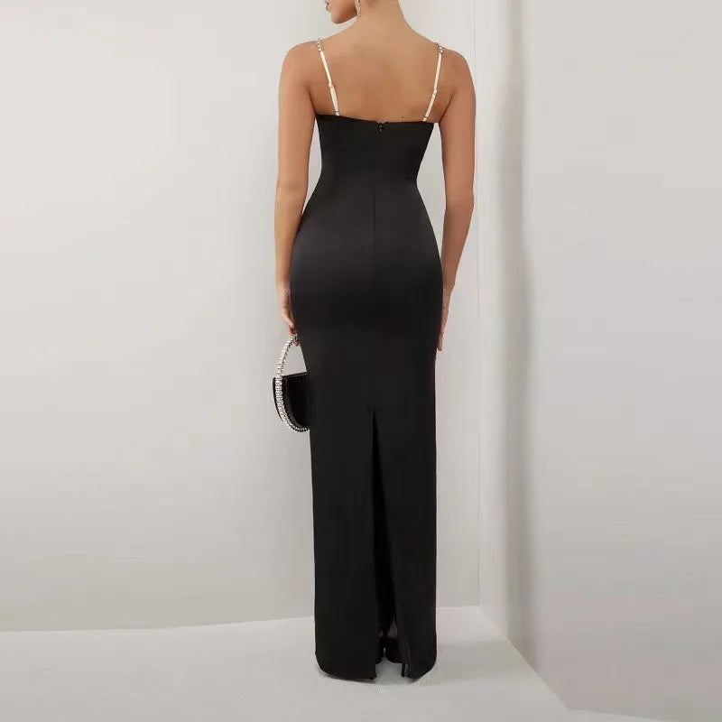 Black Red Color Women Sleeveless Sexy Strap Square Collar Bodycon Long Bandage Dress Nightclub Party Fashion Cocktail Dress