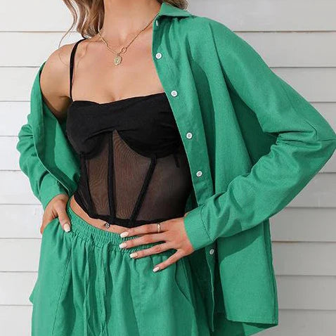 Women's Summer Suit with Pants Summer Loose Wide Leg Trousers Elegant Two Piece Suit Set for Women Buttons T-shirts Outifit