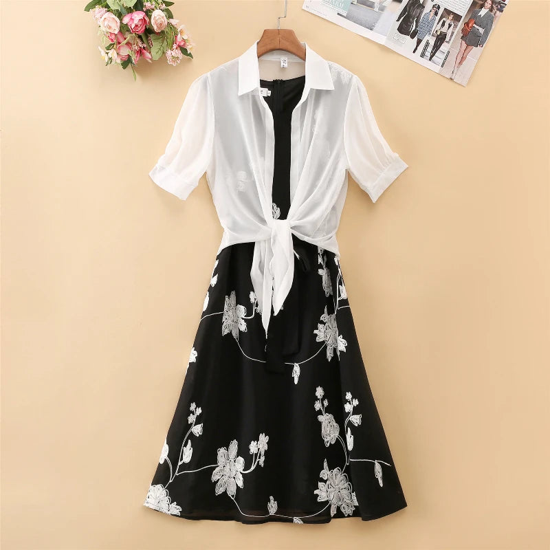 Elegant Suit Two-piece Dress High Waist Sleeveless Slim A-line Skirt Floral Embroidery White Top Bow Belt Vintage WOMEN