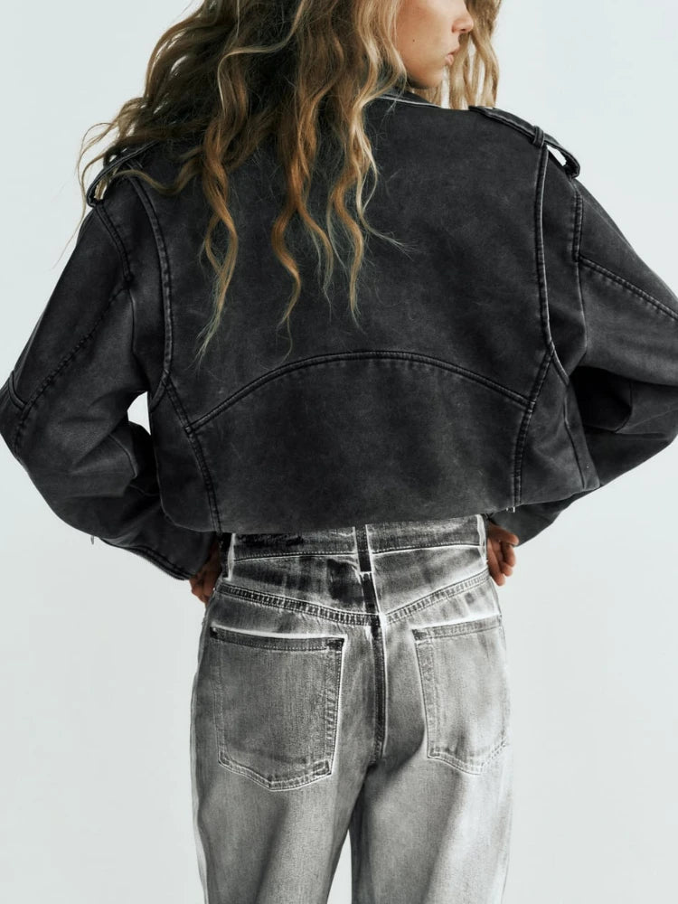 Women's PU Leather Short Jacket Coats Lapel Collar Long Sleeves Distressed Faux Leather Biker Jacket Female Chic Outerwear