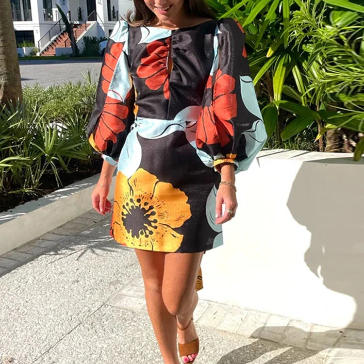 Elegant Backless Floral Mini Dress Summer Women Long Lantern Sleeve Beach Dresses Female Chic O-Neck Hollow Party Vestidos