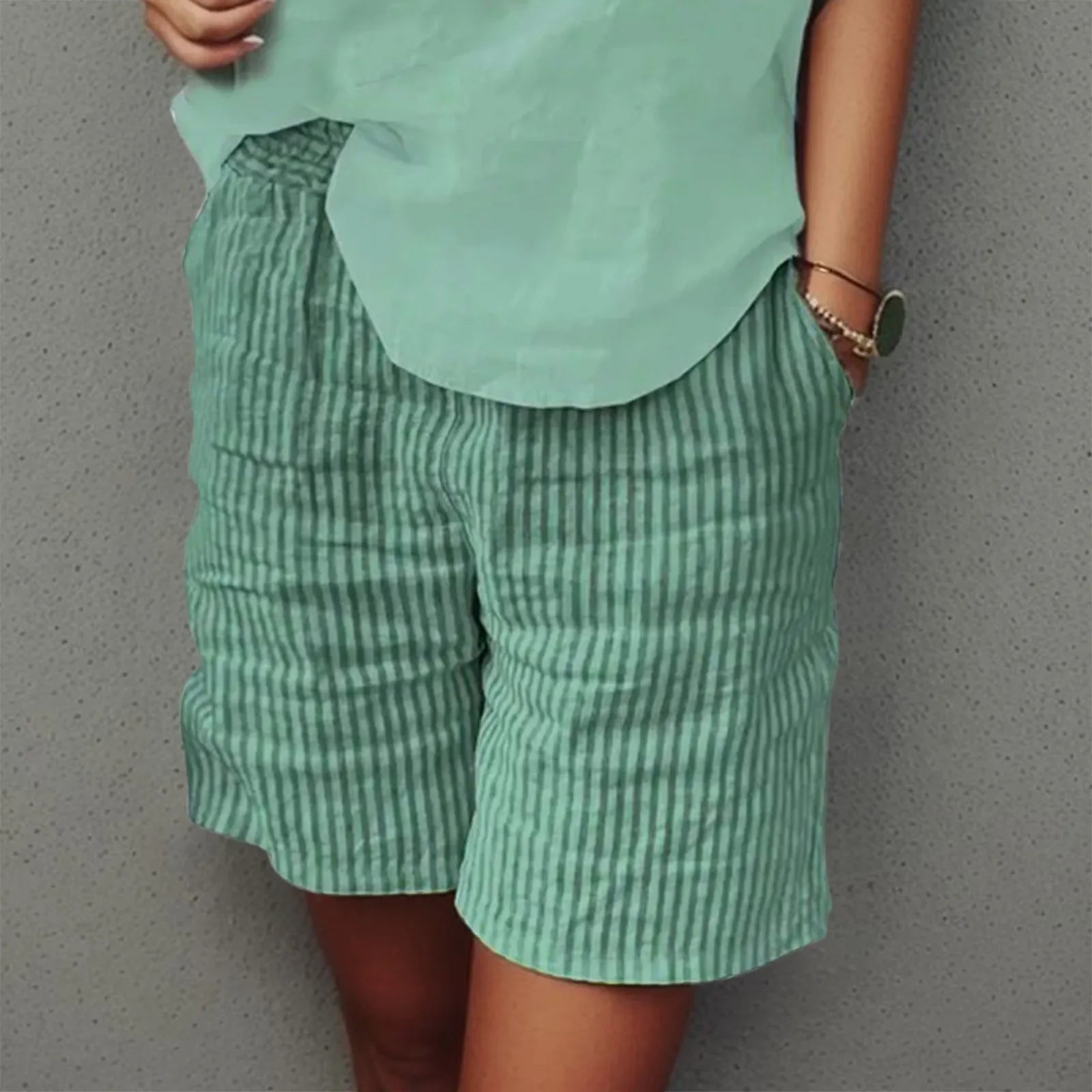 Vintage Striped Shorts Women Classic Cotton Linen Trunks Double Pocket Shorts Summer Hawaiian Beach Vacation Shorts Casual Wear Green CN