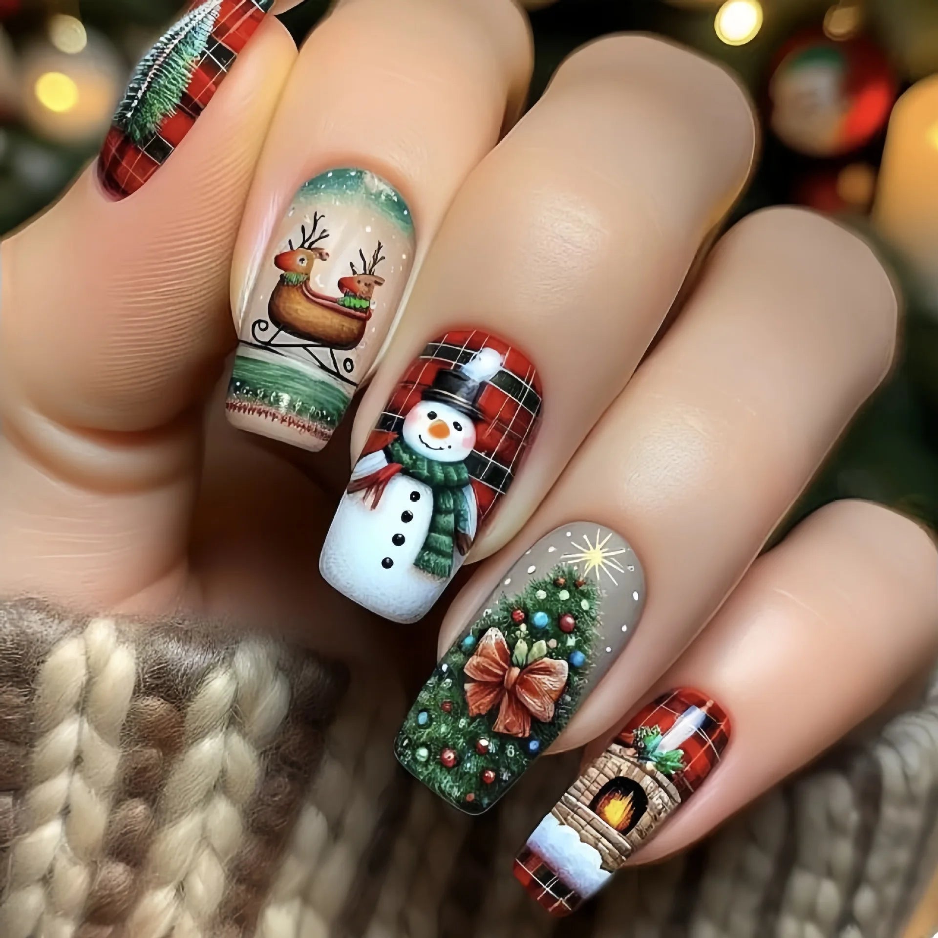 24pcs/set short fake nails for Christmas Square ballet winter false nail tips snow flakes christmas tree snowman press on nails