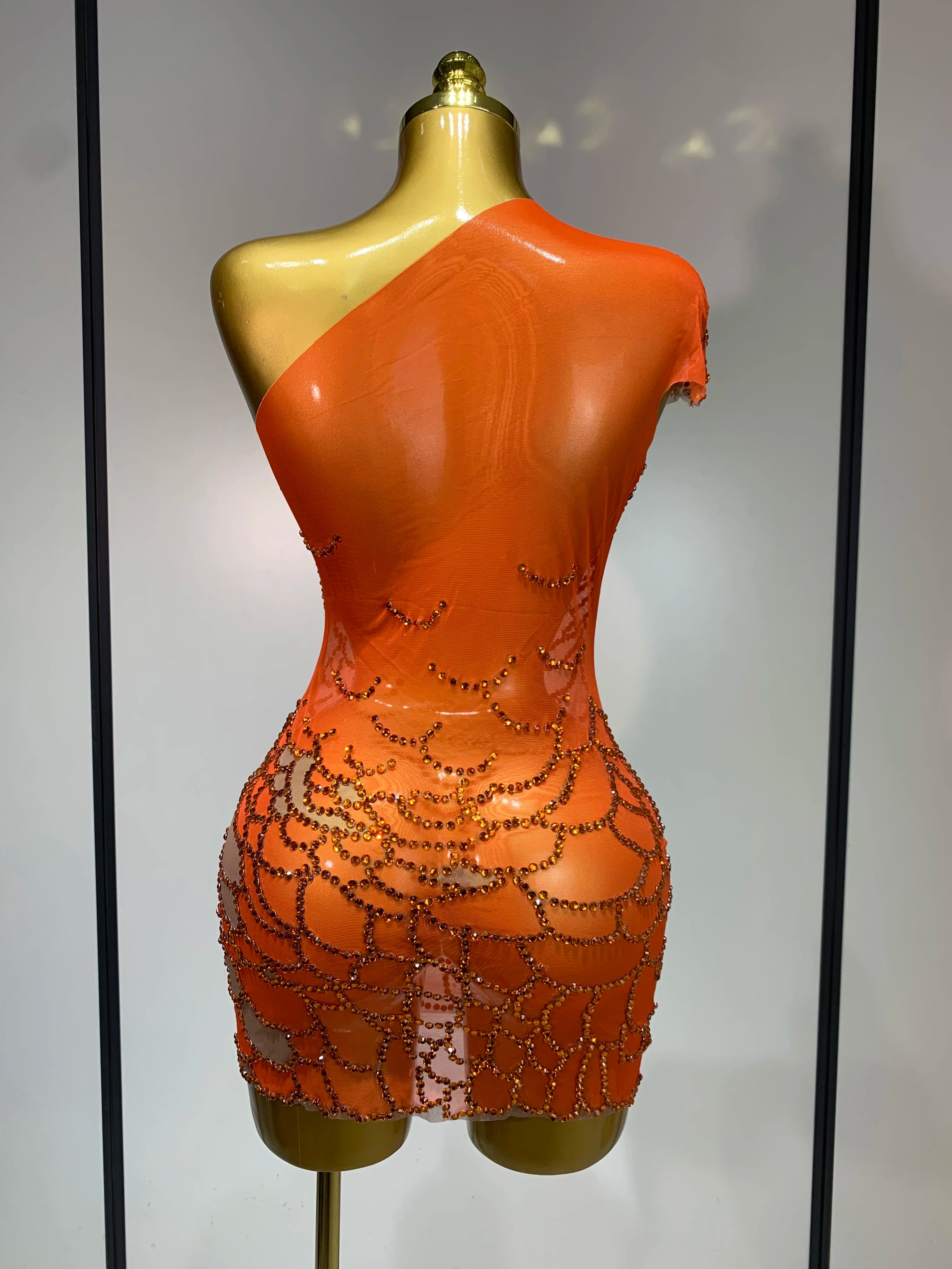 Women Sexy Mesh See Through One Shoulder Rhinestones Stage Costume Singer Nightclub Evening Party Luxury Birthday Mini Dresses