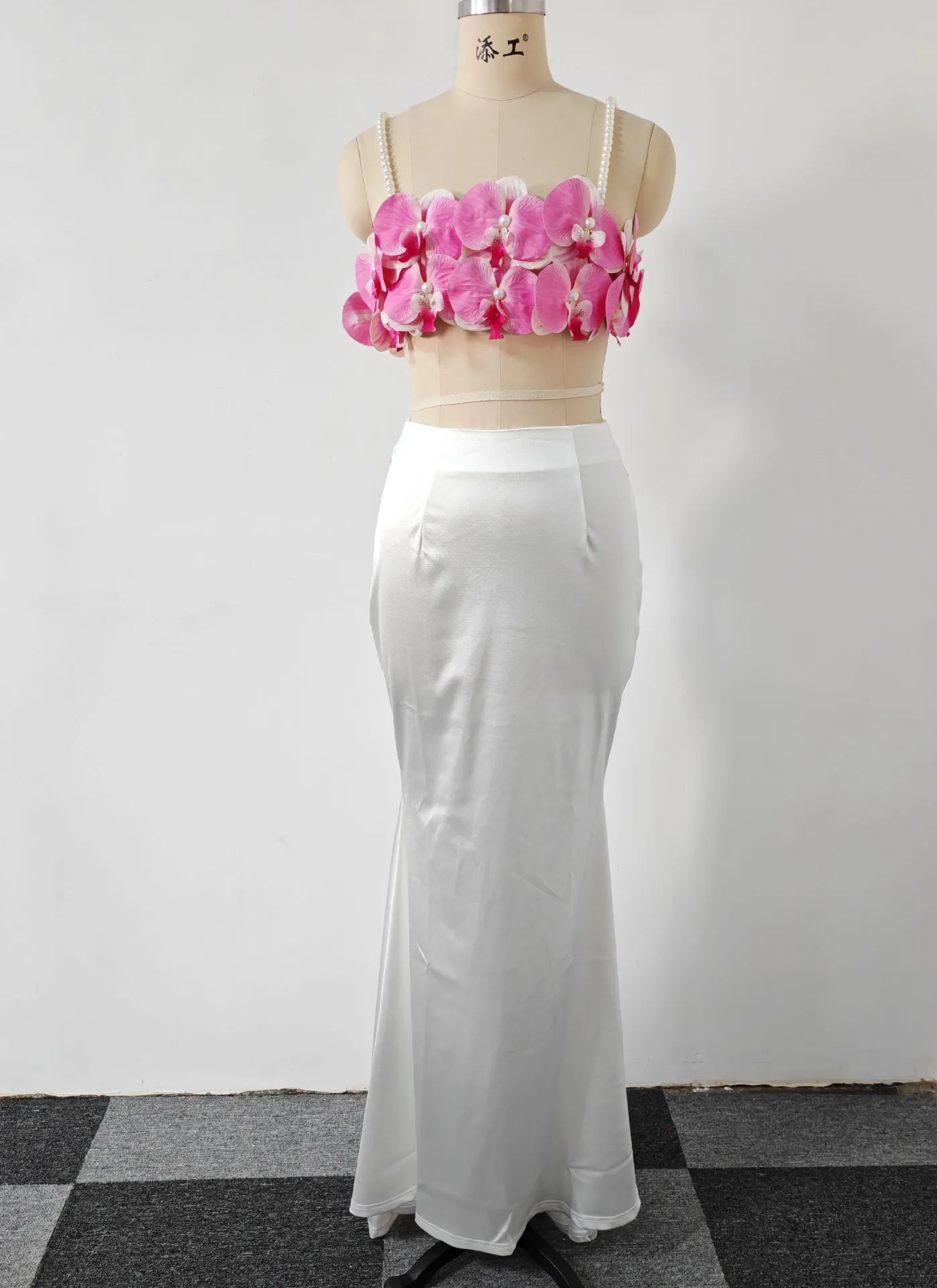 Pink Florals Women Sleeveless Sexy Square Collar 2 Pieces Bodycon Long Dress Cute Vacation Birthday Party Celebrate Dress