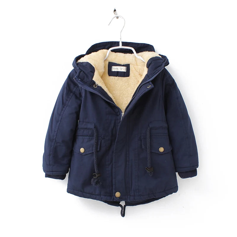 Boys Coats Autumn Winter Fashion Hooded Fur Children's Plus Velvet Warming Cotton Outerwear For Kids Jacket 5-14 Years Navy blue 02