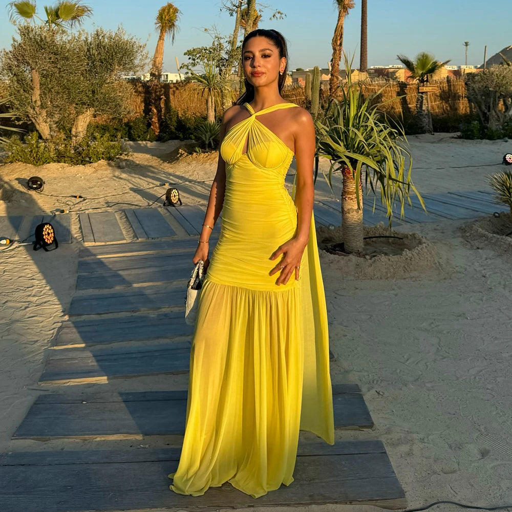 Yellow Color Women Sexy Halter Off the Shoulder Bodycon Long Mesh Dress Fashion Birthday Party Celebrate Girls' Homecoming Dress