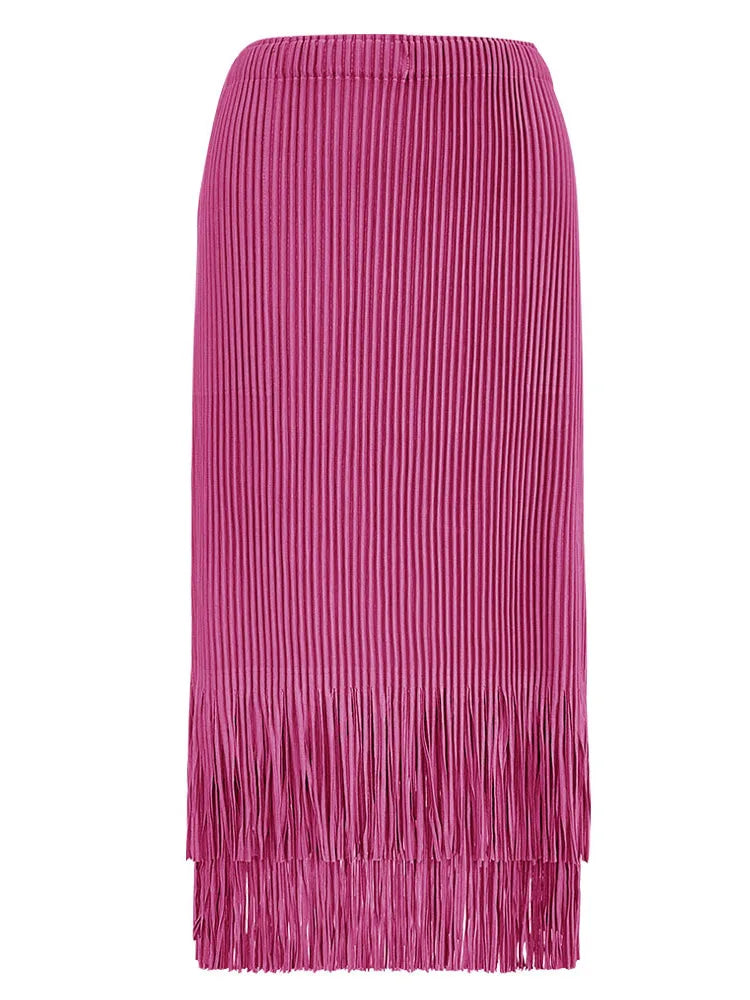 LANMREM Fashion Pleated 2 Piece Set Women Double Breasted Blazer Tassel Design Skirt Solid Color Spring New Clothing 32C701