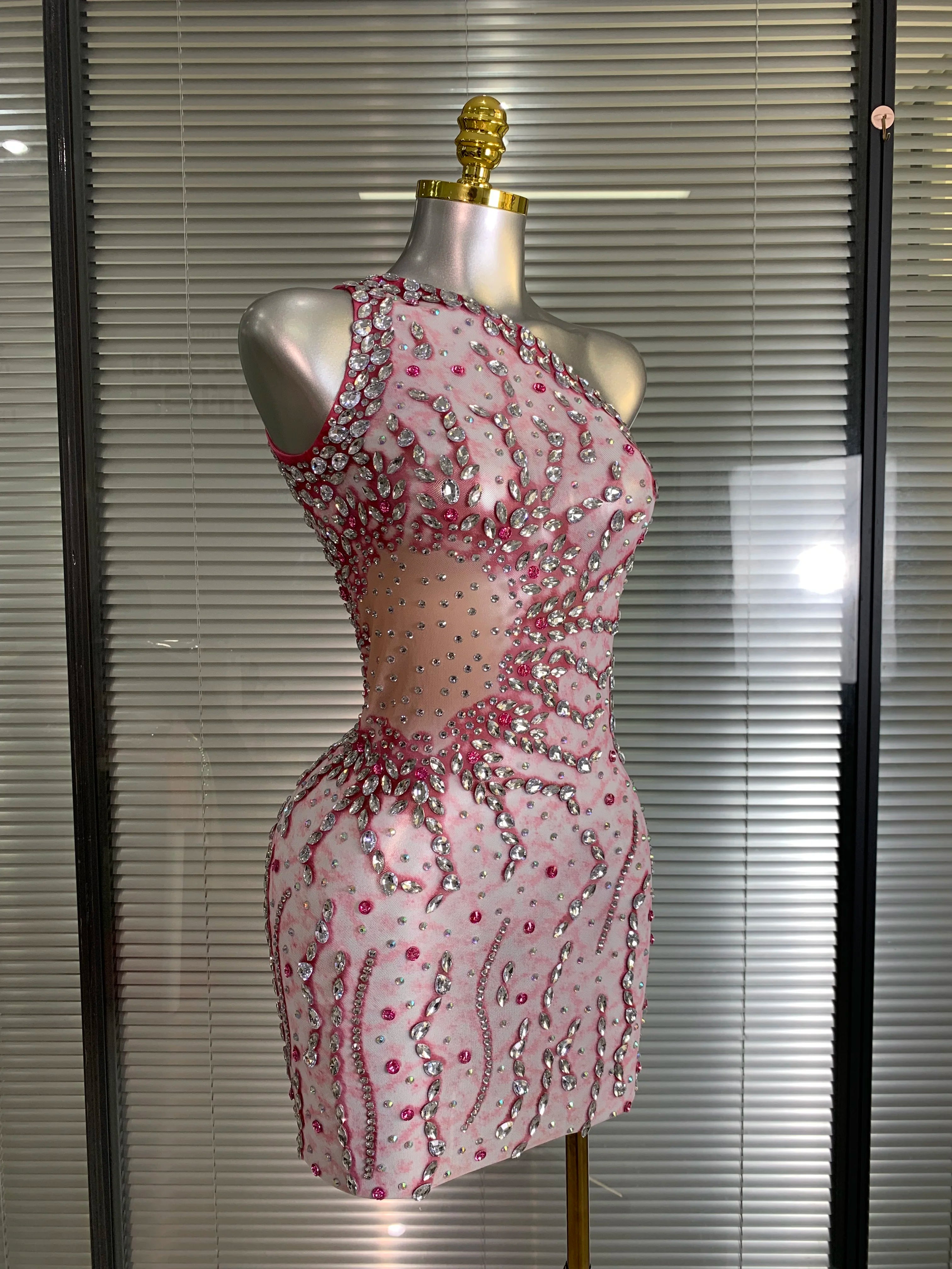 Women Sexy Mesh Crystal Diamonds Mini Costume Stage Dancer One Shoulder Stretchy Mini Night Club Party Dress
