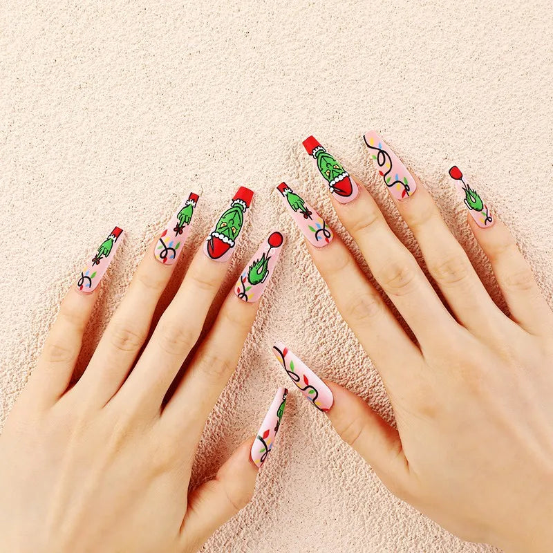 3D fake nails for Christmas party long french coffin tips snowflake christmas tree faux ongles press on acrylic false nail set 820 no box