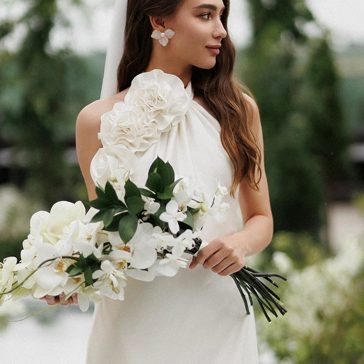 VC White Satin Halter Backless Long Dress For Women Sleeveless Flowers Embellished Slim Prom Elegant Evening Party Gowns