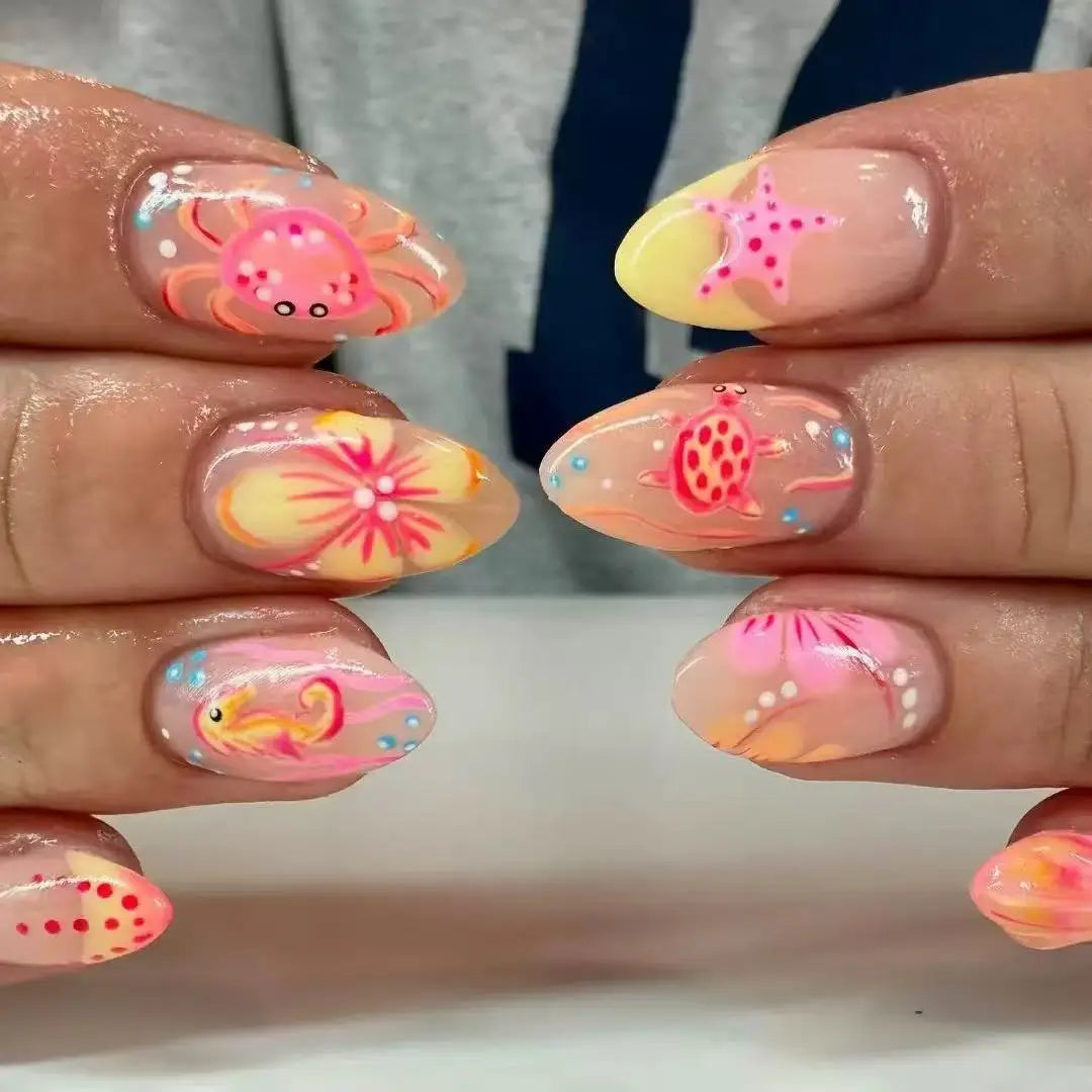 24pcs Summer Ocean False Nails Shark Starfish Pattern Fake Nails Tips Wearable Detachable Spice Girl Almond Press on Nails