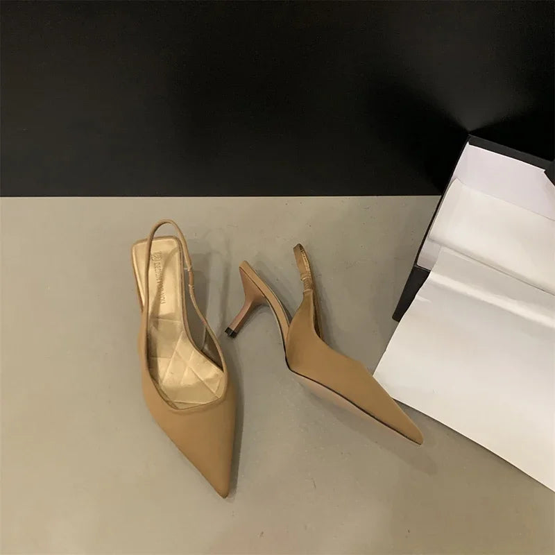 Summer Pointed Toe Women Sandals Fashion Slip On Singbacks Slides Ladies Elegant High Heel Sandalias Women's Party Dress Pumps Khaki