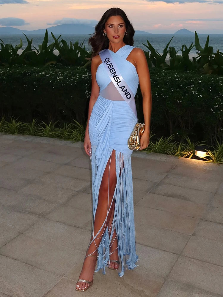 VC Sleek Light Blue Sleeveless Dress with Fringe Ruched Waist And Mesh Detail Soft Summer Vacation Gown for Women