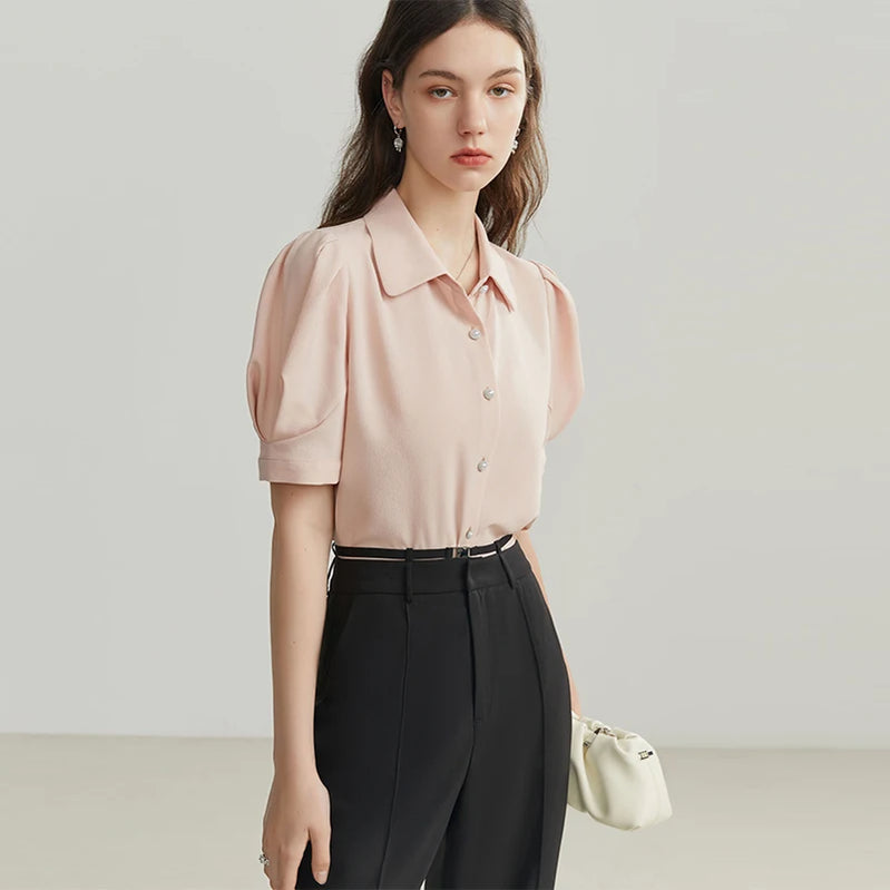 French Court Style Women Shirts Puff-sleeved Short Sleeve Elegant Vintage Casual Female Blouses Tops Pink