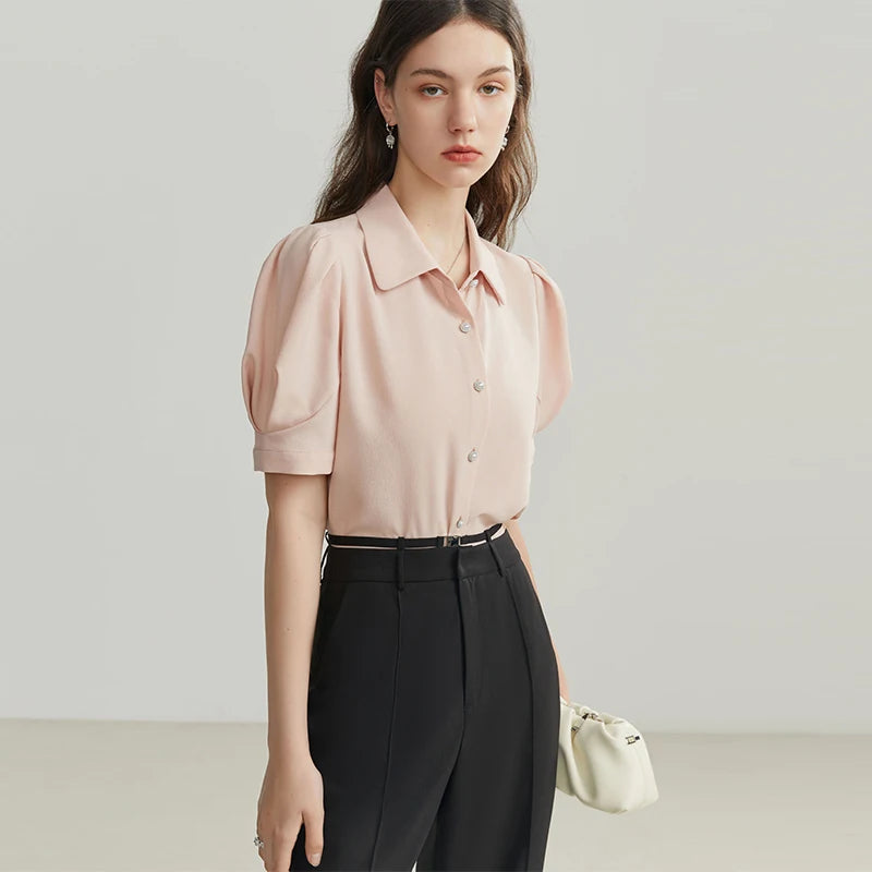 French Court Style Women Shirts Puff-sleeved Short Sleeve Elegant Vintage Casual Female Blouses Tops Pink