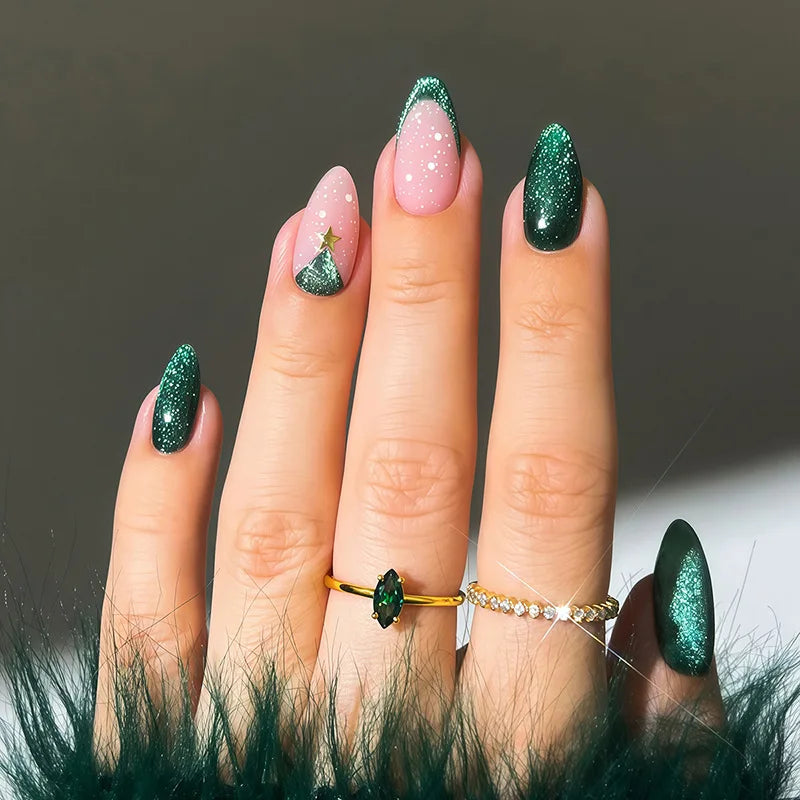 Glossy Red French Fake Nails 24Pcs Almond Press On Nails Xmas Hat Designs Full Cover Acrylic False Nails Patches DIY Manicure